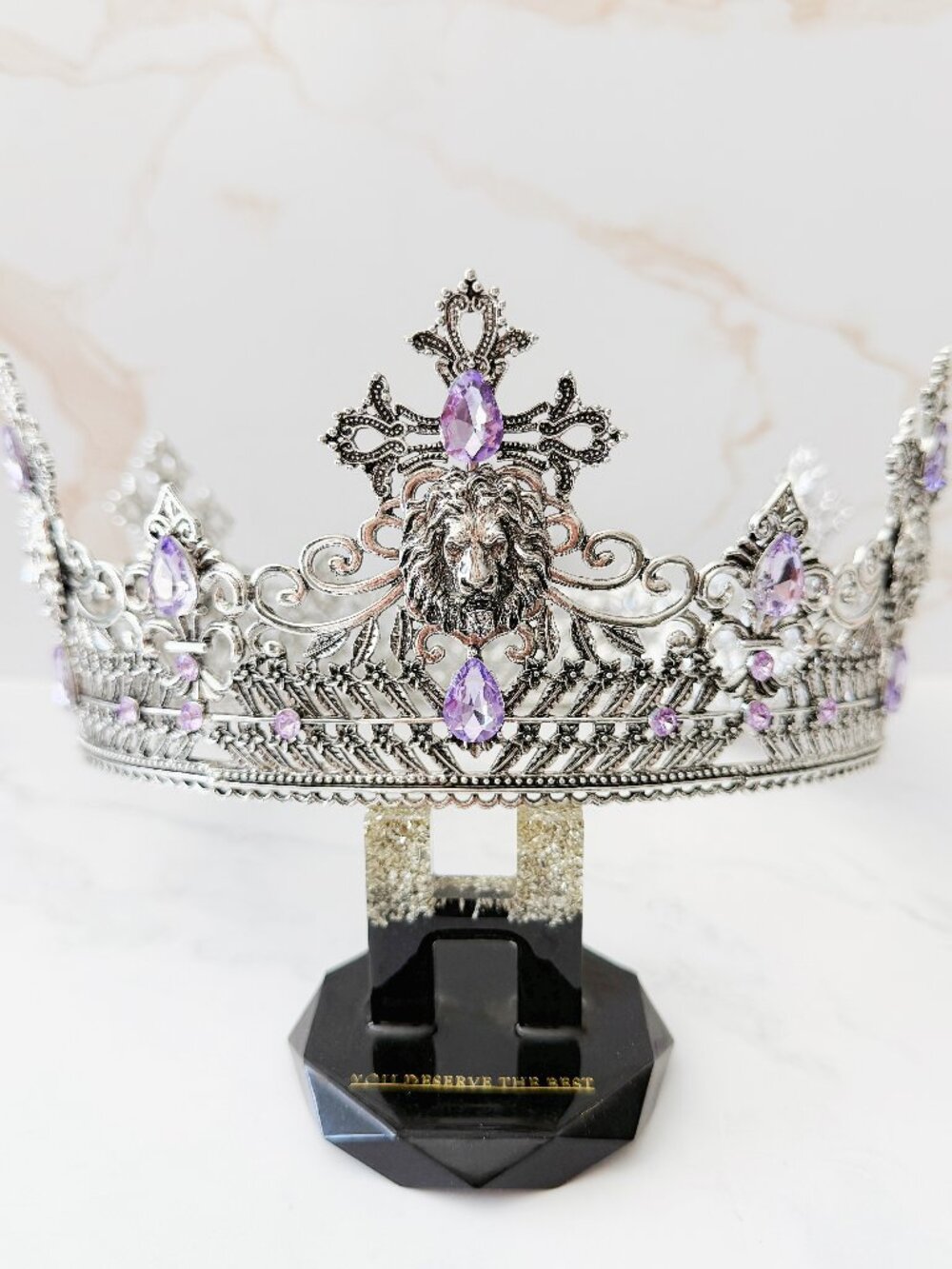 Silver Lion King Crown Purple Crystal Cross Medieval Royal Cosplay Wedding Prom